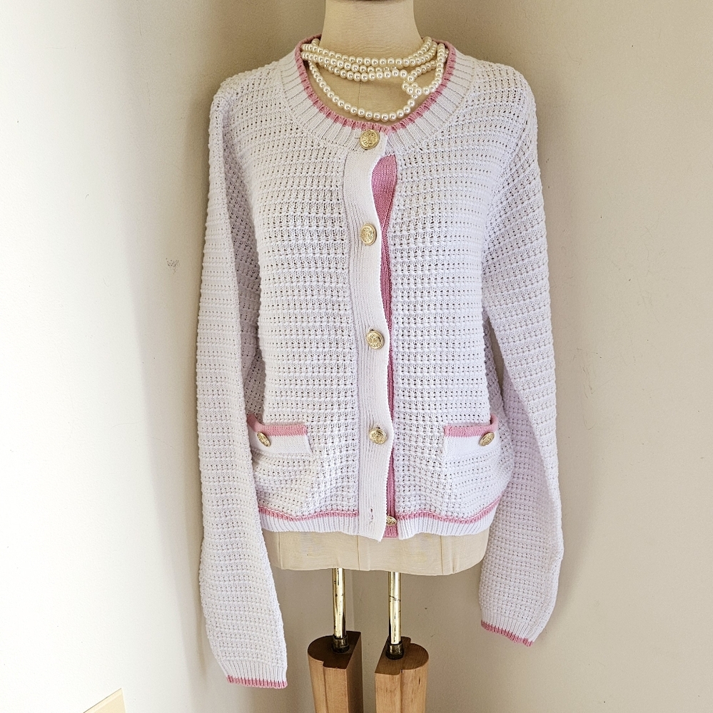 NICOLE MILLER ELEGANT PINK WHITE SWEATER